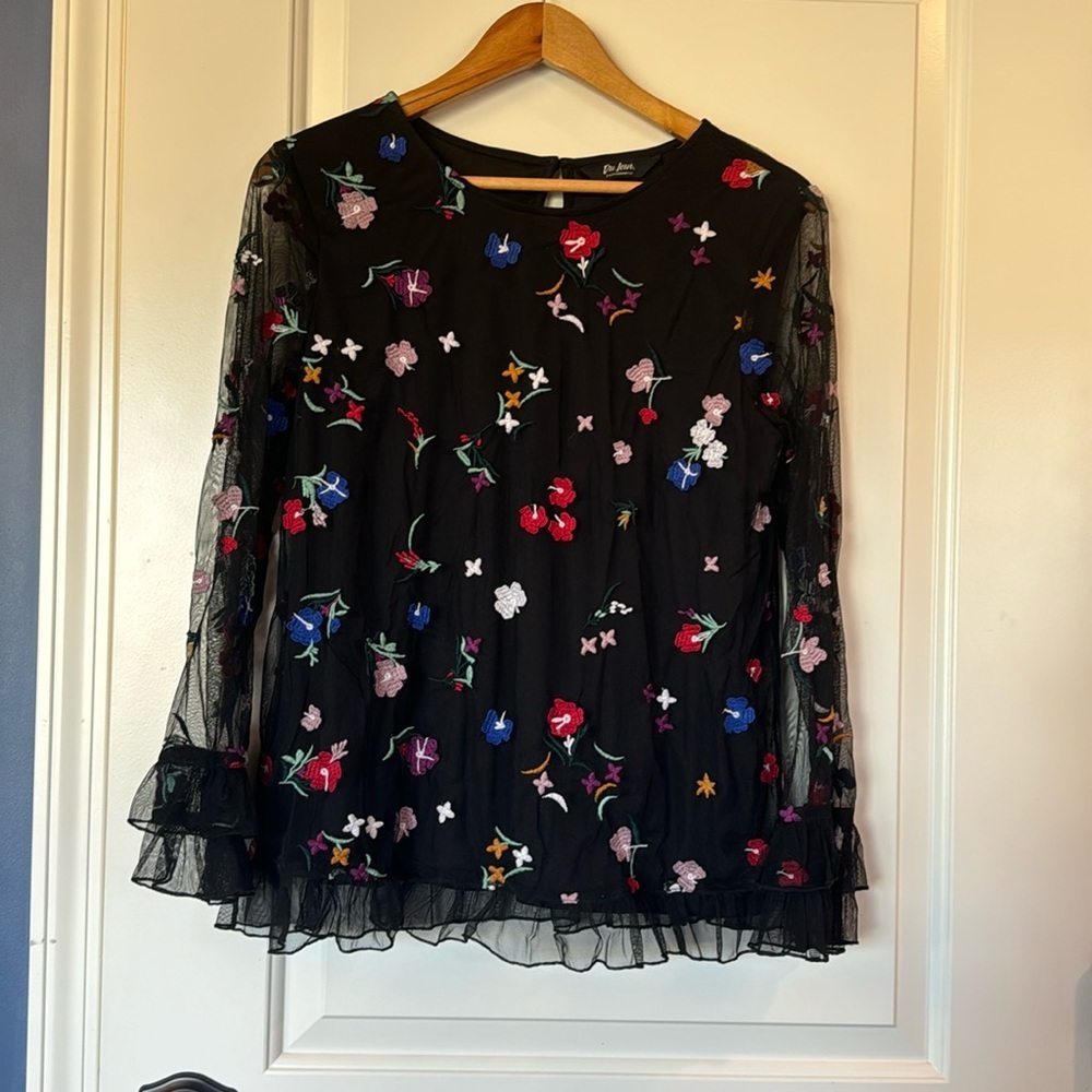 Du Jour Womens Floral Embroidered Blouse Size S Black Sheer Overlay Long Sleeve